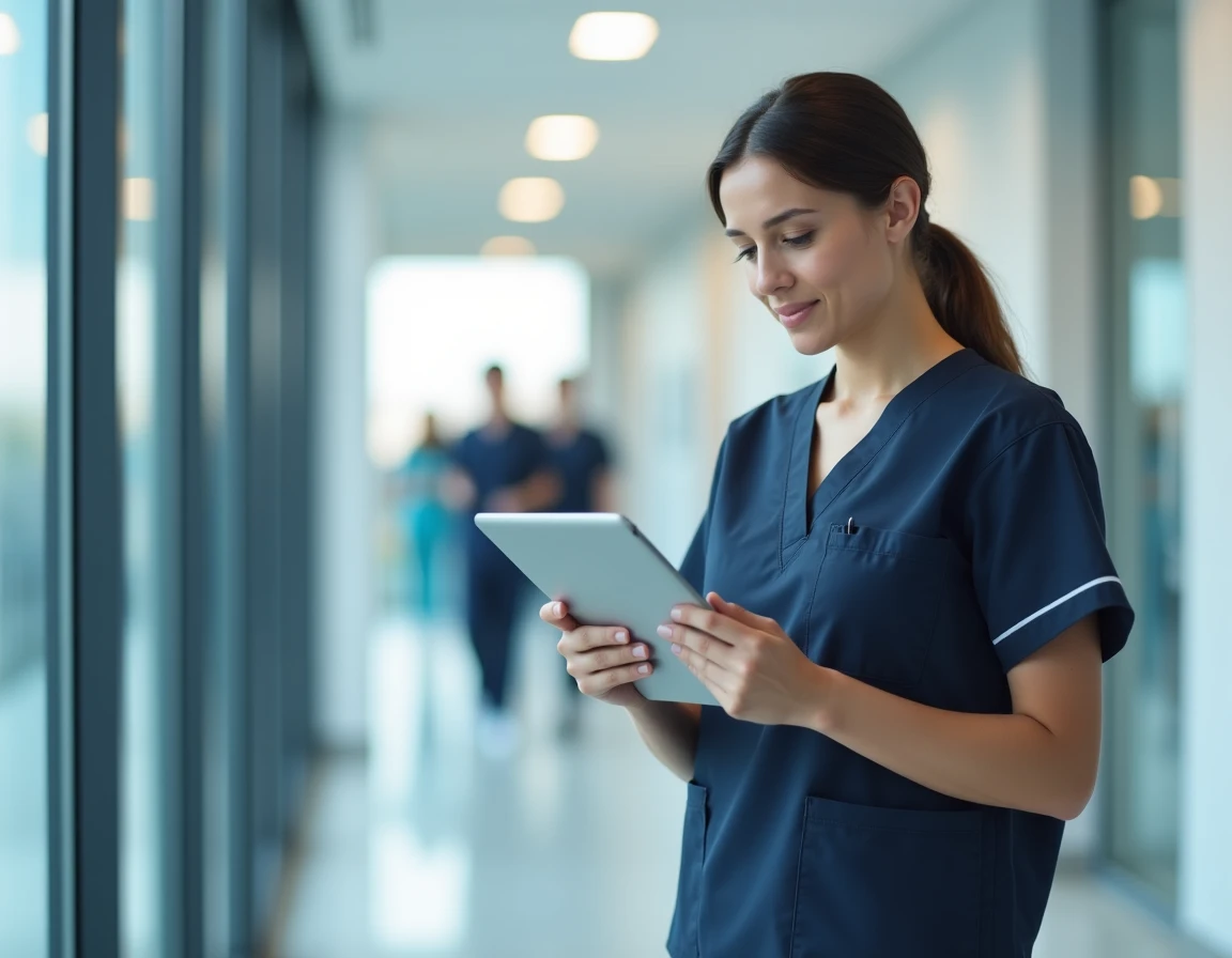 Professionnelle de santé consultant une interface de gestion médicale sur tablette dans un couloir de clinique