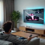 Homme regardant la Formule 1 en direct sur grand écran TV dans son salon