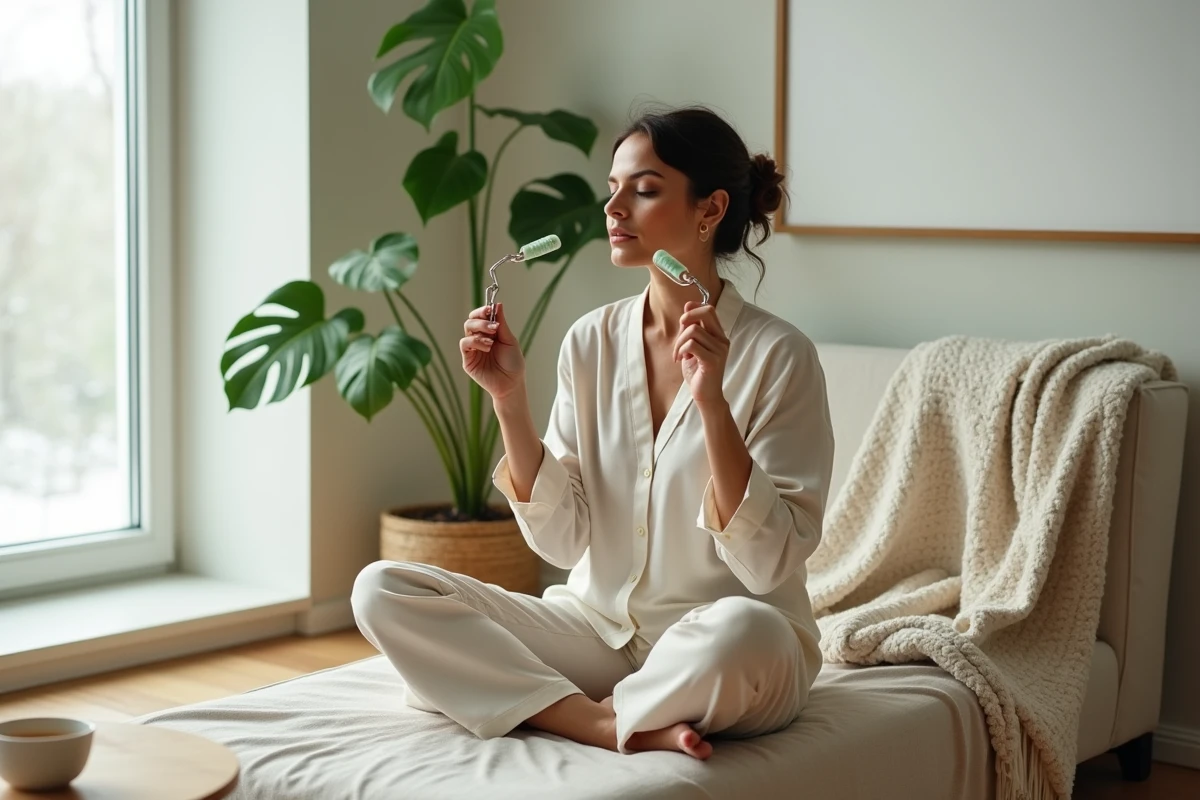 Woman using a jade roller for a facial massage during a home wellness beauty routine, zen and natural ambiance