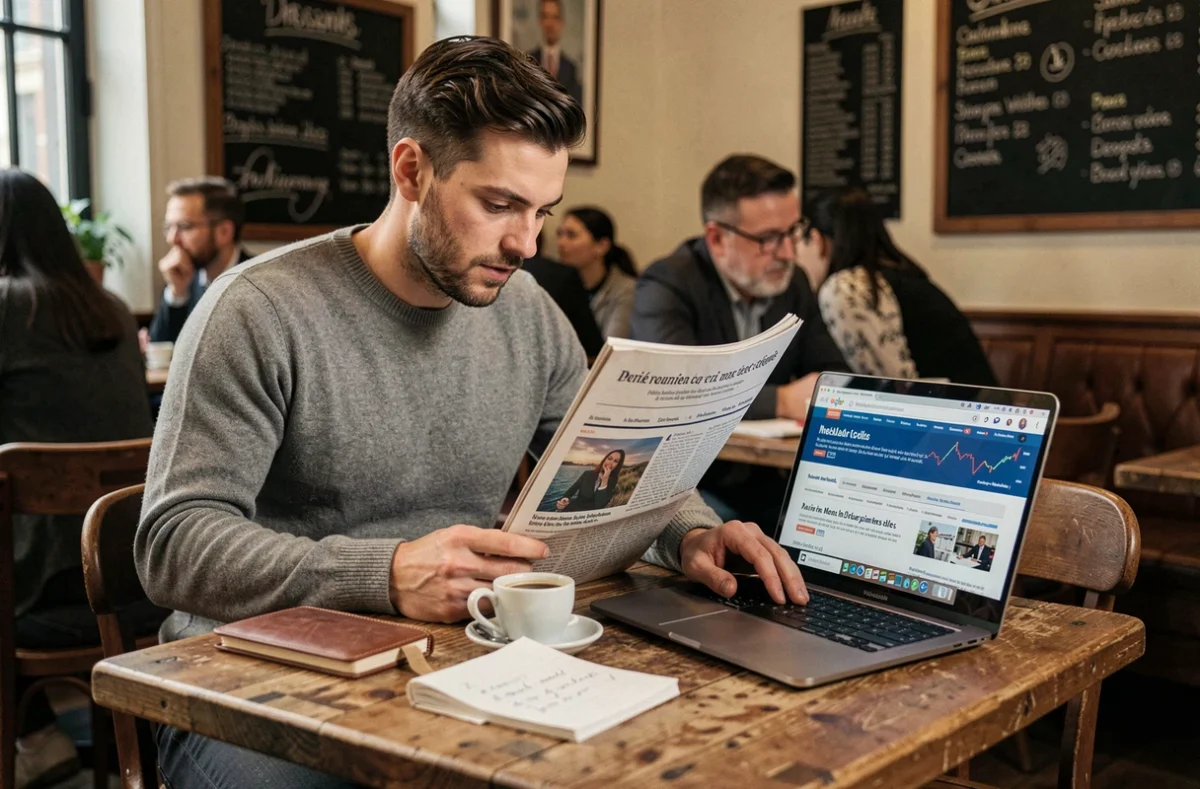 Jeune fondateur de startup français lisant l'actualité business dans un café parisien avec ordinateur portable et journal