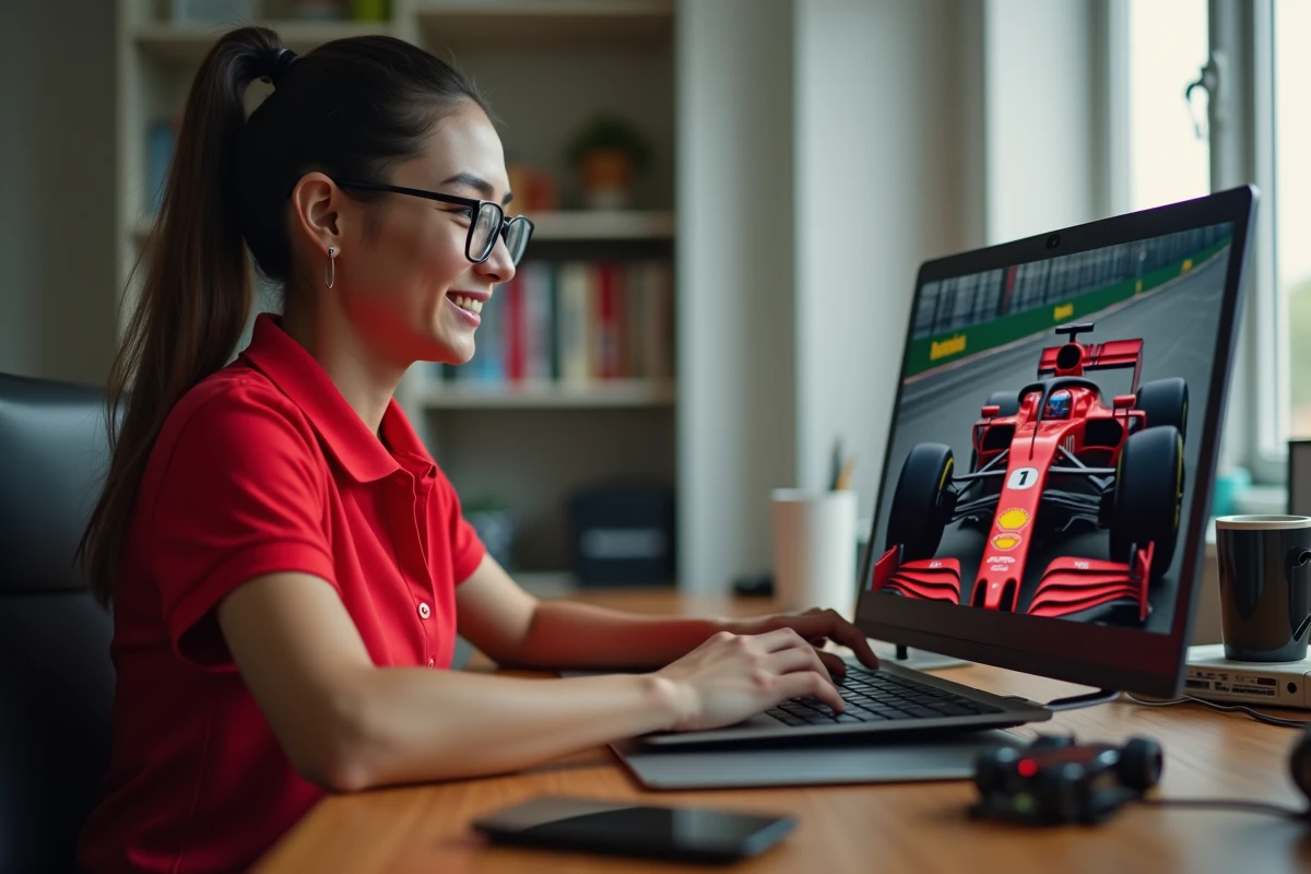 Femme regardant la F1 en streaming sur ordinateur portable depuis un bureau à domicile