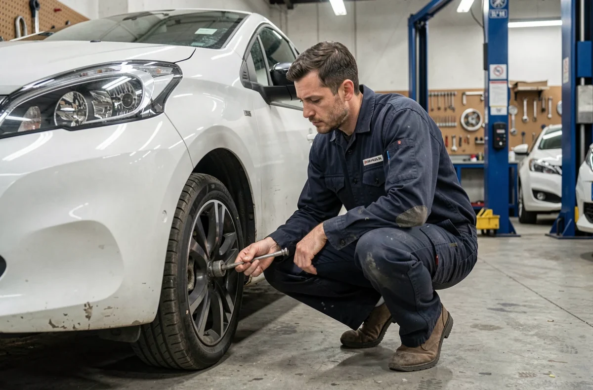 Technicien automobile inspectant la suspension d'une Peugeot 208 blanche dans un garage professionnel
