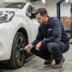 Technicien automobile inspectant la suspension d'une Peugeot 208 blanche dans un garage professionnel