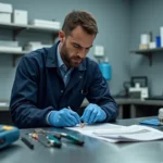 Technicien en maintenance inspectant les composants internes d'un appareil de RCR professionnel sur un établi en acier inoxydable