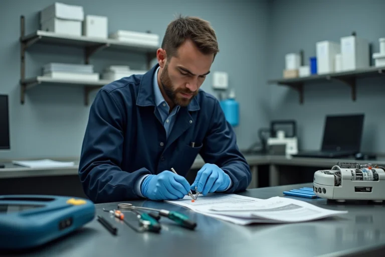 Technicien en maintenance inspectant les composants internes d'un appareil de RCR professionnel sur un établi en acier inoxydable
