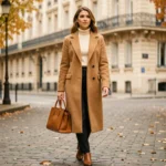 Femme élégante en manteau camel marchant dans une rue parisienne pavée en automne, tendance mode actuelle