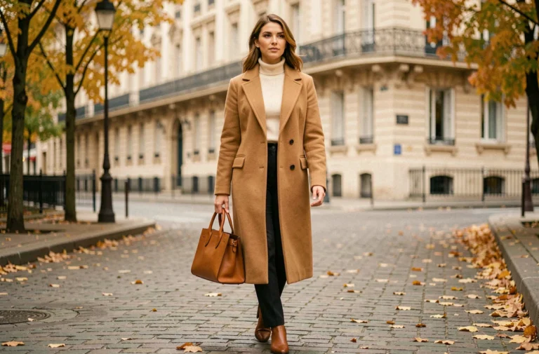 Femme élégante en manteau camel marchant dans une rue parisienne pavée en automne, tendance mode actuelle