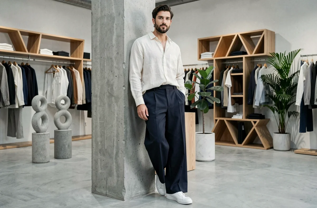 Homme en tenue décontractée tendance dans un concept store minimaliste, mode masculine actuelle