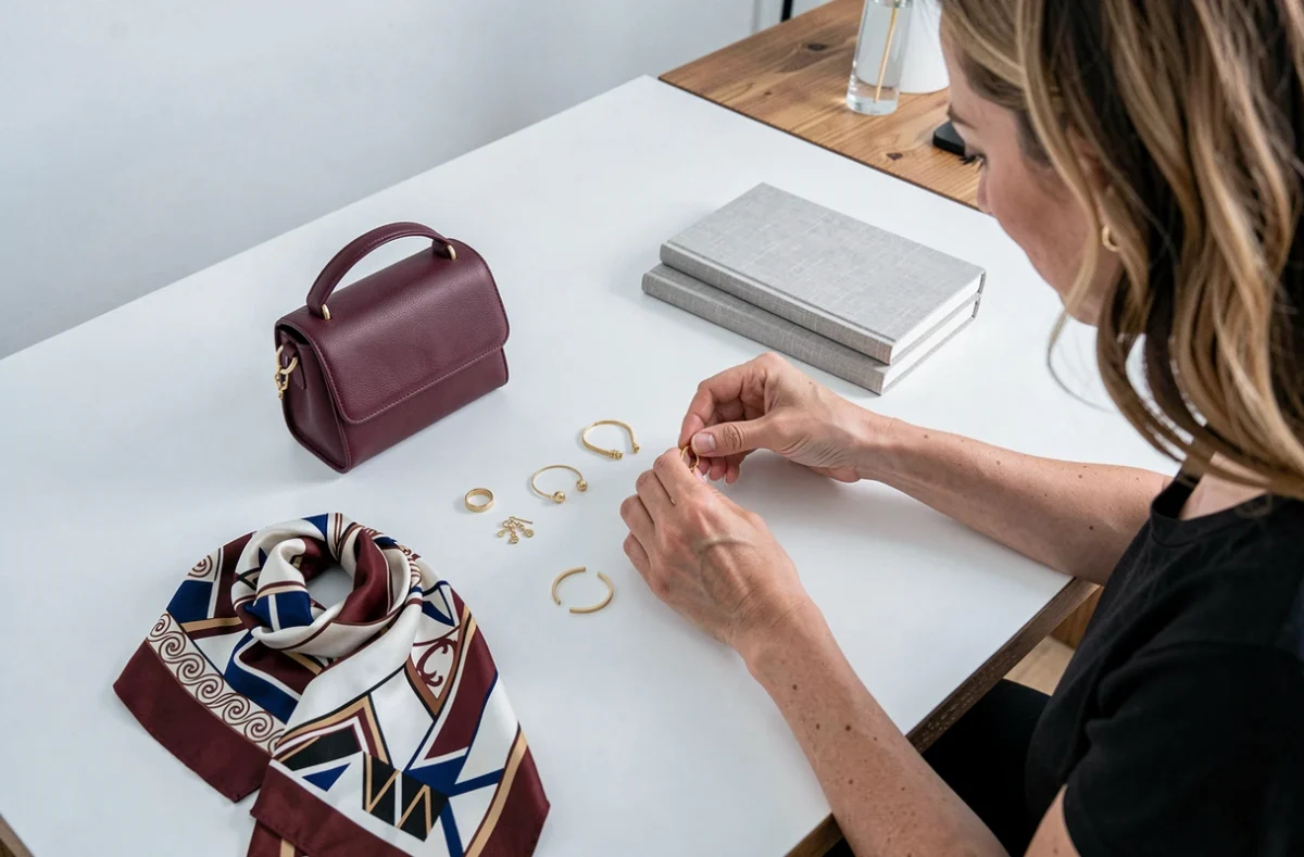 Femme arrangeant des accessoires de mode tendance sur une surface blanche en studio éditorial