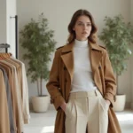 Jeune femme élégante en trench coat camel parcourant les nouvelles collections dans une boutique de mode parisienne minimaliste