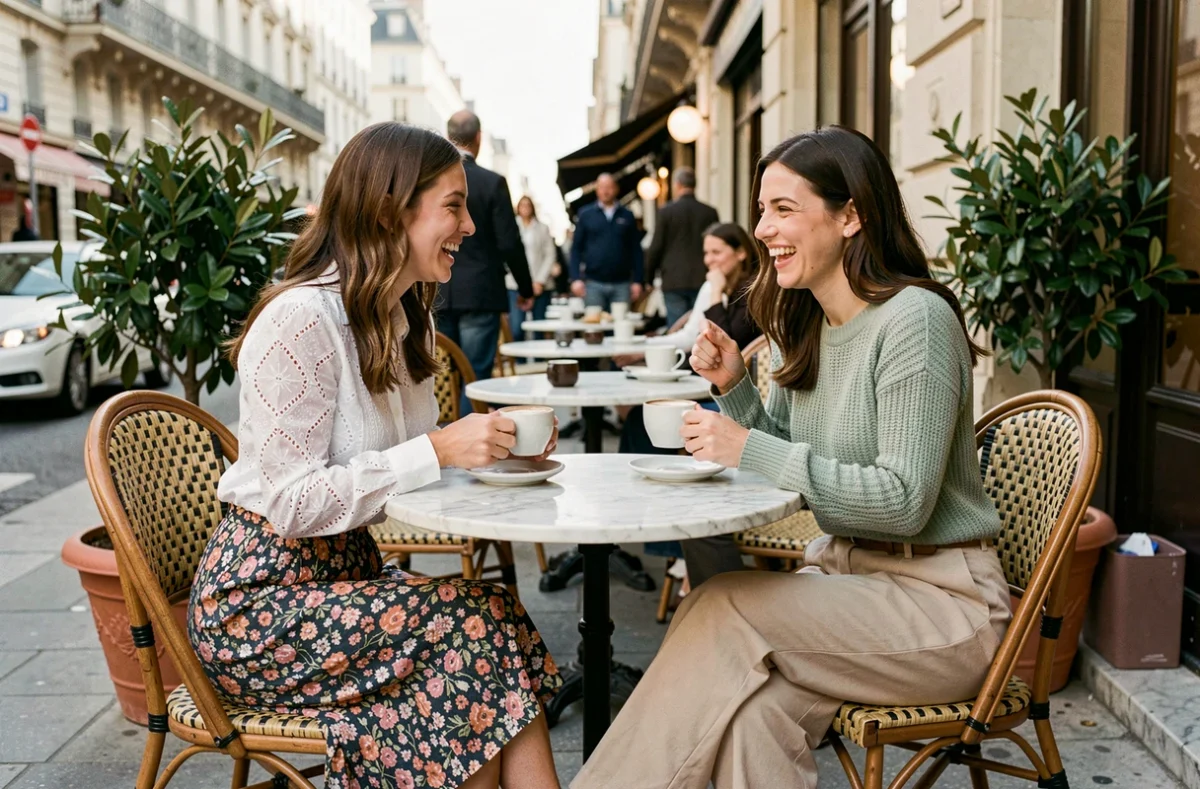 Deux femmes élégamment habillées aux tendances de la saison assises en terrasse parisienne