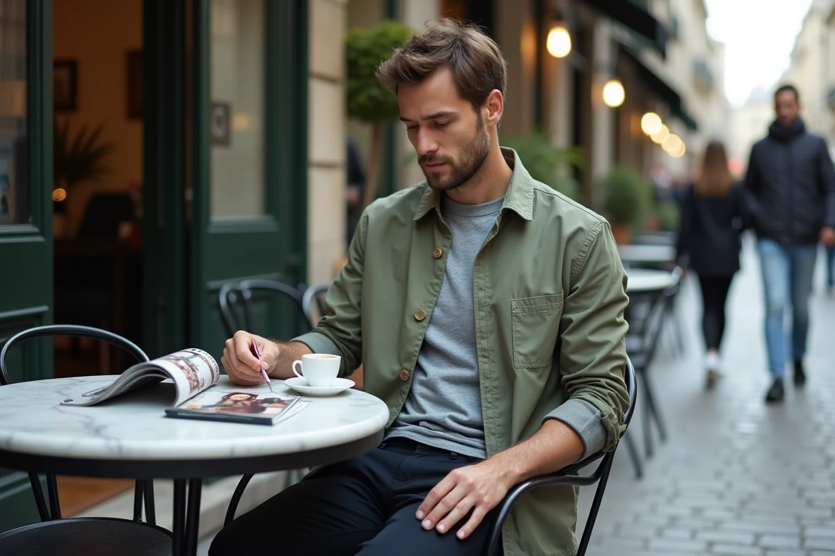 Homme stylé en overshirt vert sauge feuilletant un magazine de mode à la terrasse d'un café parisien contemporain